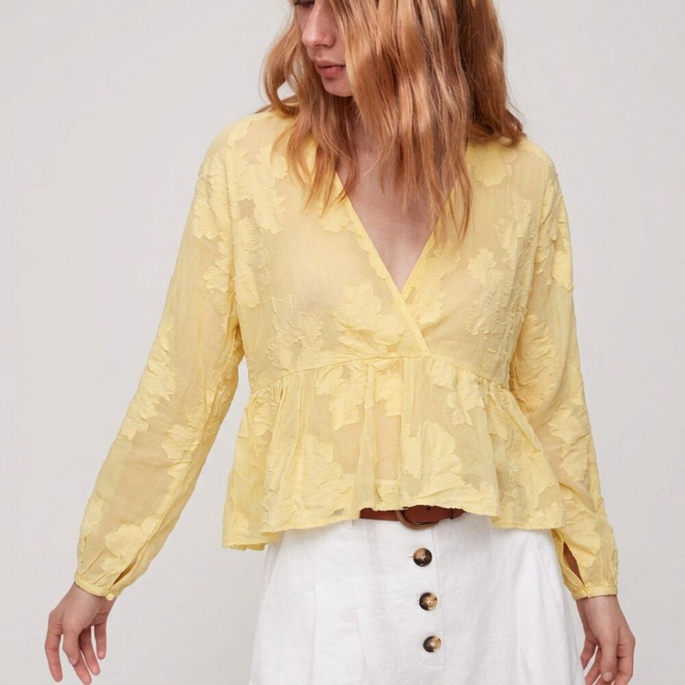 Wilfred Aritzia Augustine Yellow Sheer Floral Peplum Coquette Cottagecore Top S